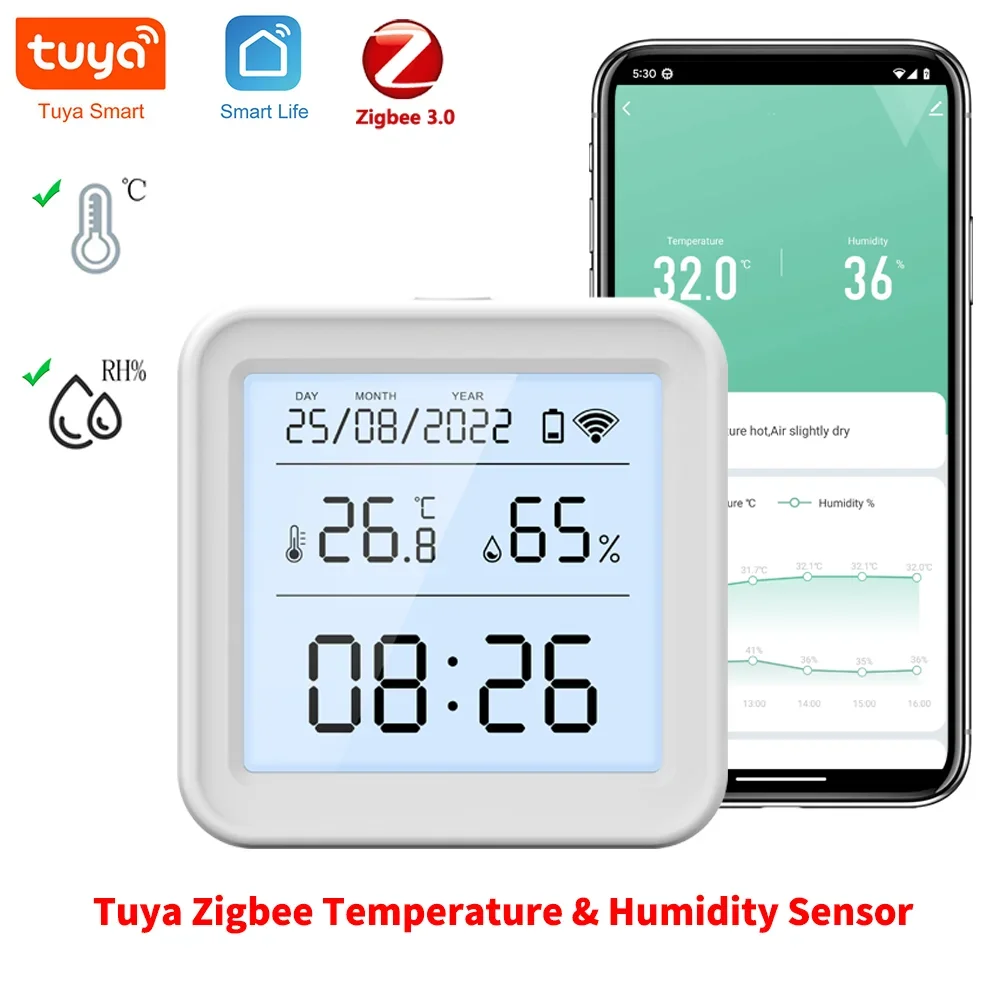 Tuya Zigbee Temperature Humidity Sensor LED Blacklight Screen for Smart Home Automation Works With Tuya Zigbee Hub GateWay