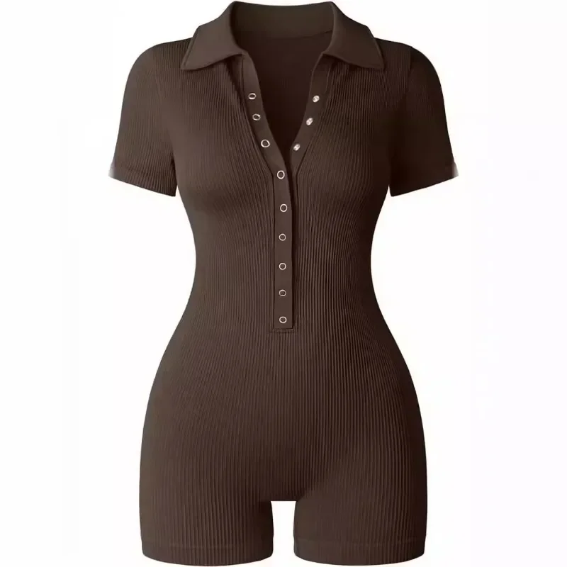 Women Solid Color Short Sleeve Playsuit Bodysuit Romper Pants Single Breasted Button Sexy Slim Playsuits