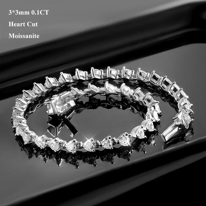 EWYA GRA Certified Full 3*3mm 0.1CT D Color Heart Cut Moissanite Tennis Bracelet for Women 925 Silver Link Couple Bracelets Gift