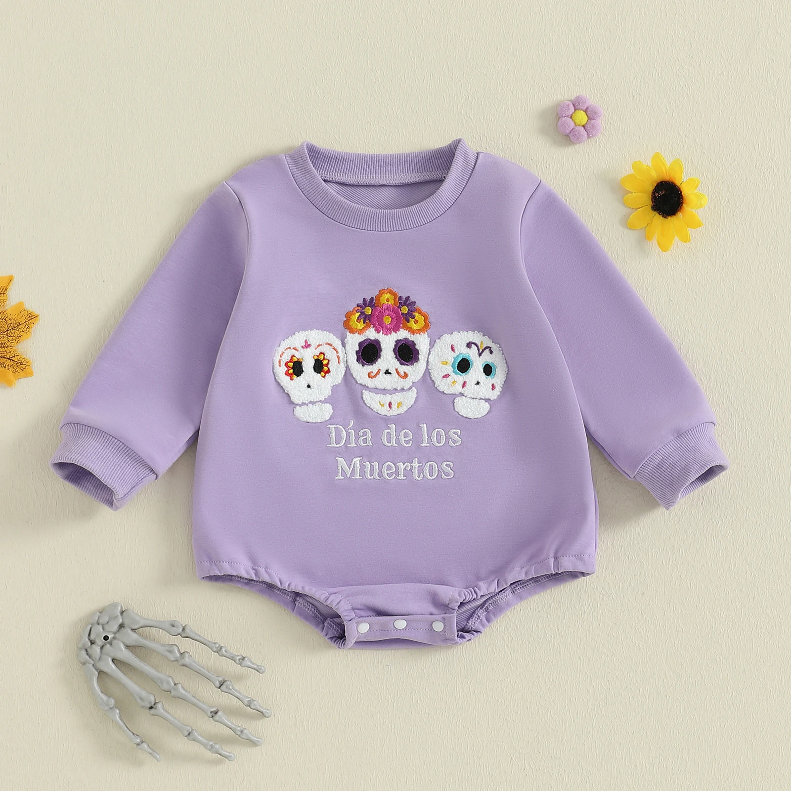 

VISgogo Baby Girls Halloween Romper Floral Skull Embroidery Long Sleeve Jumpsuits for Newborn Infant Fashion Clothes