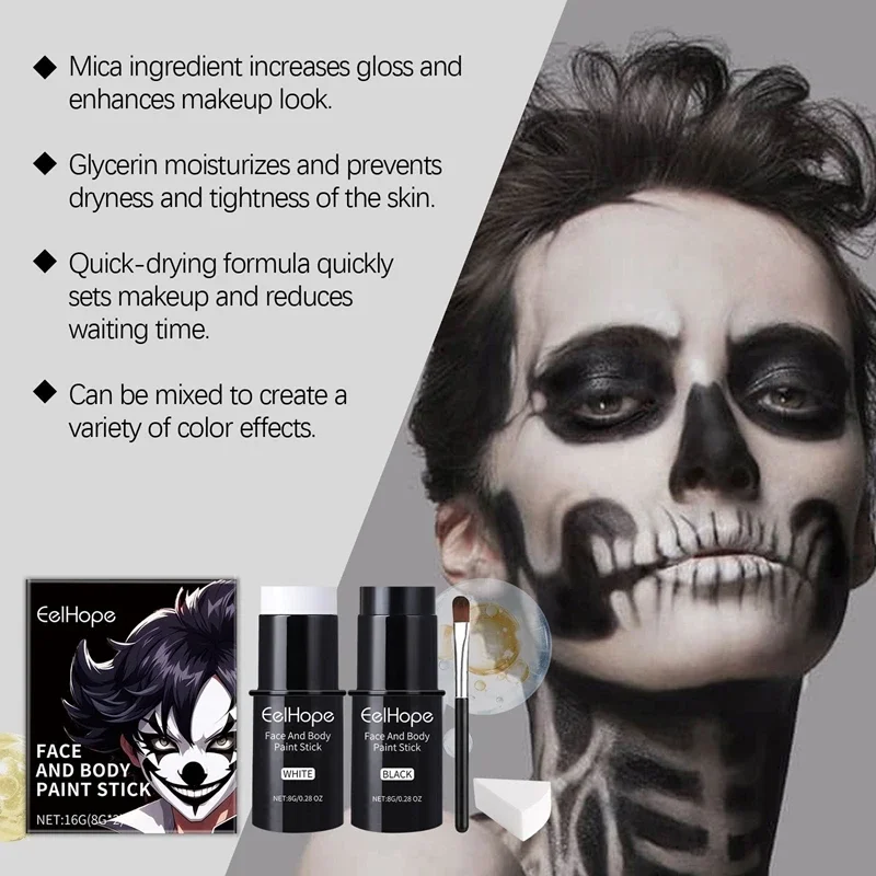 Kit per il trucco del clown di Halloween, impermeabile a lunga durata, kit per cosmetici per il viso con bianco nero, collezione completa