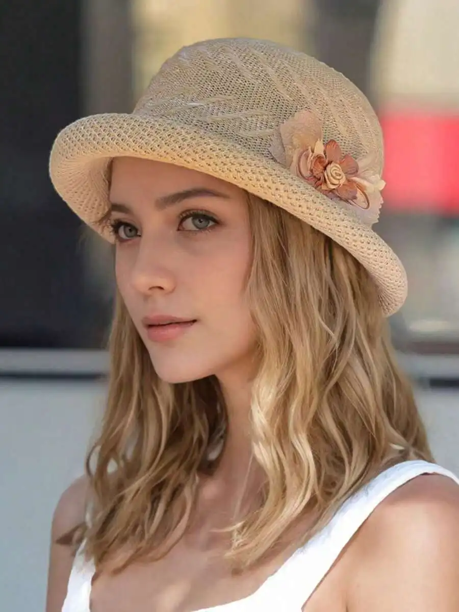Women's Elegant Retro 3D Floral Decor Rolled Brim Straw Hat Lightweight Hollow Crochet Bucket Hat Sun Protection Hat