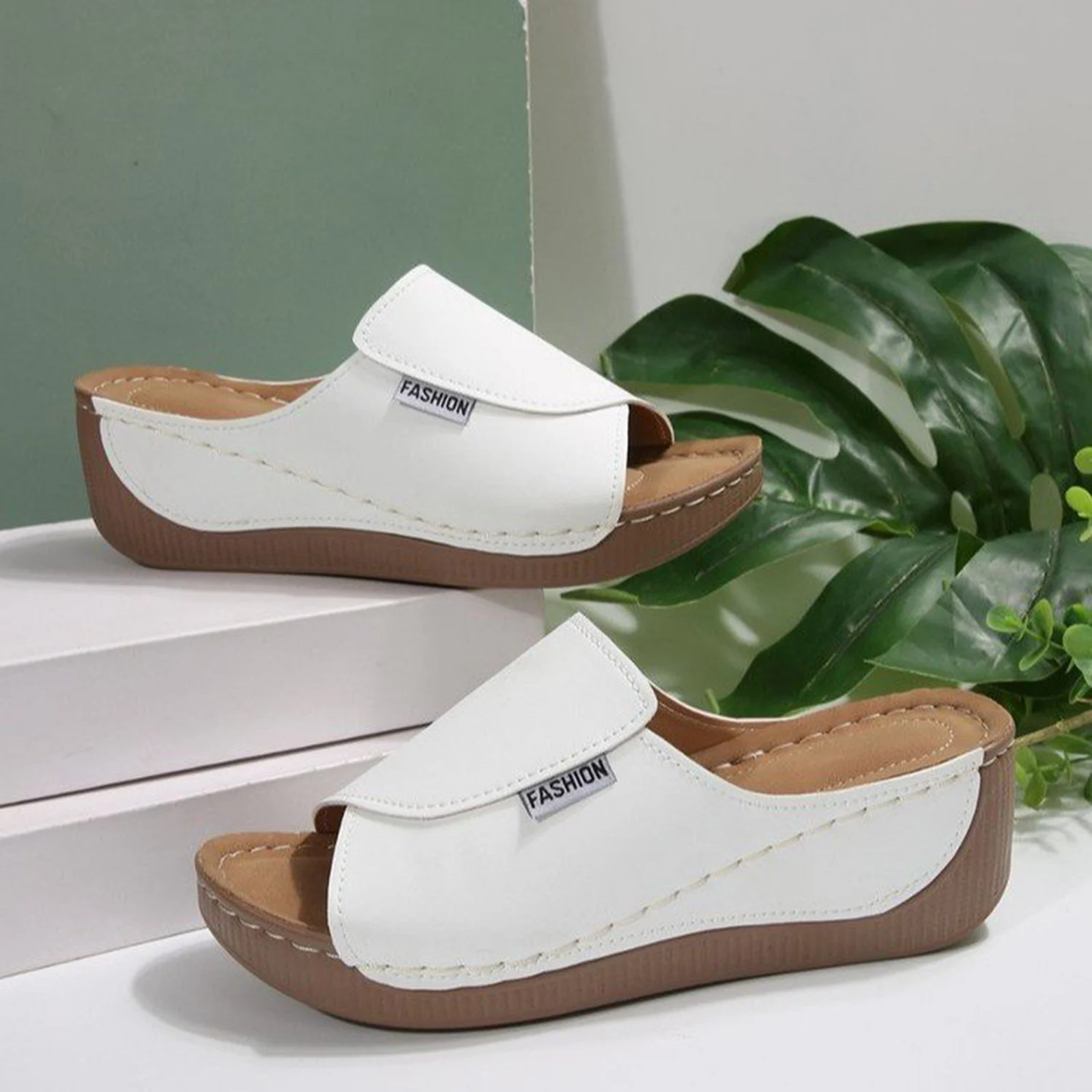 Wedge Heel Slippers Breathable Soft Platform Slides Hollowed Open Toe Mid Heel Shoes For Outdoor Wear