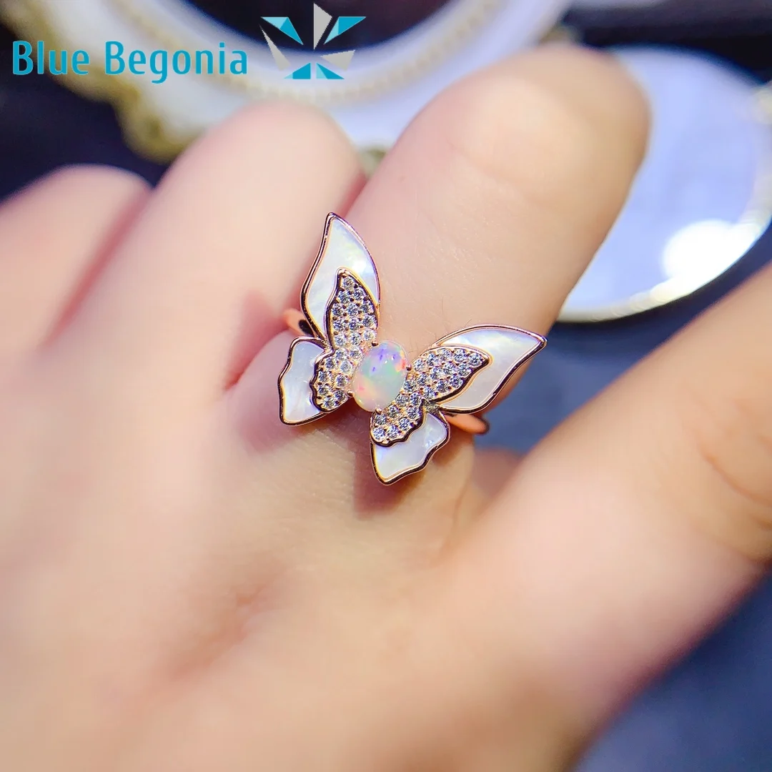 Natural Opal Ring 925 Sterling Silver  Romantic and Cute Jewelry for Women Wedding Engagement Butterfly  Gift 4*6mm Gemstone