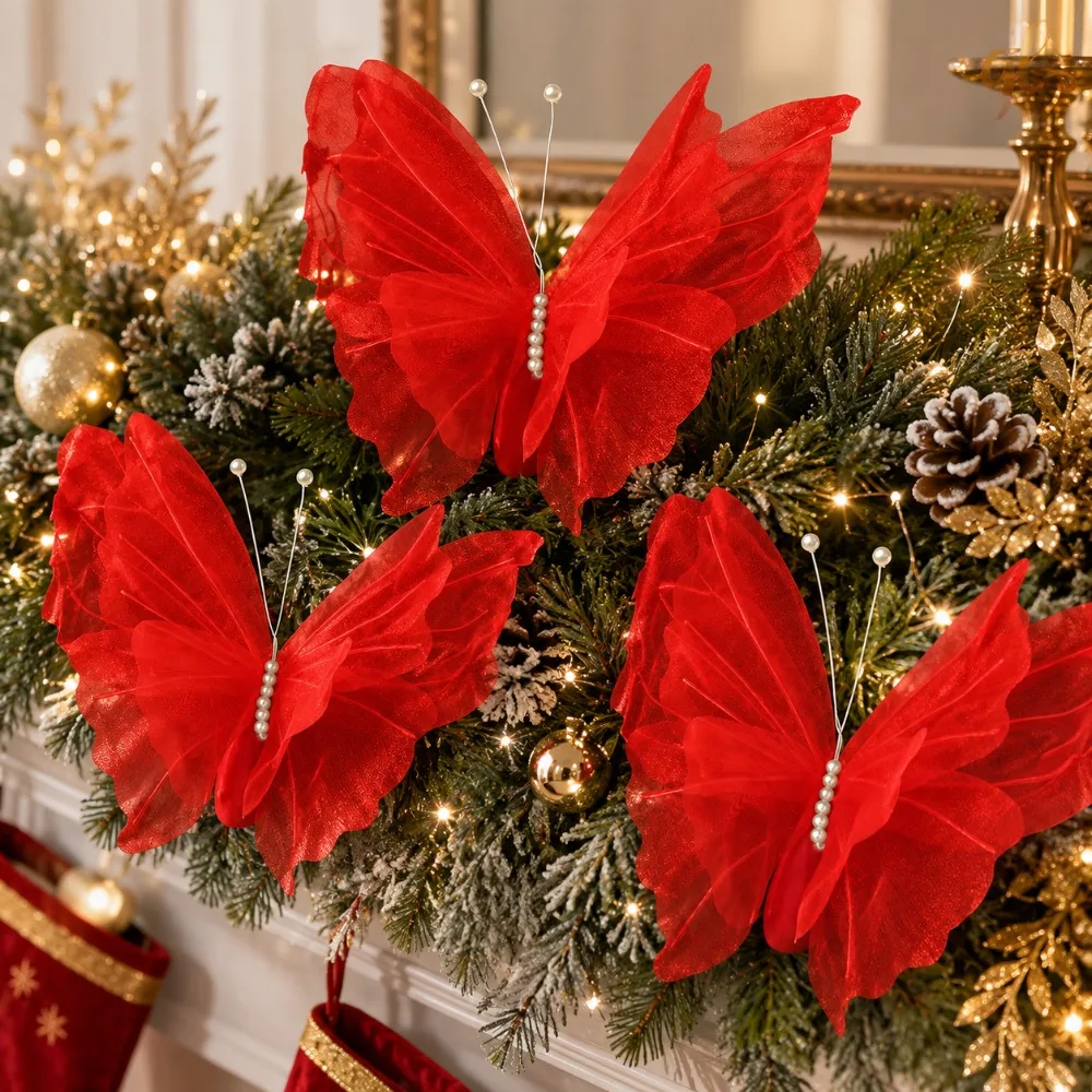 3 Pieces of Large-Sized Hanging Christmas Red butterfly Decorations, 3D Three-Dimensional Laser-Sprayed Silk Imitation Butterfli