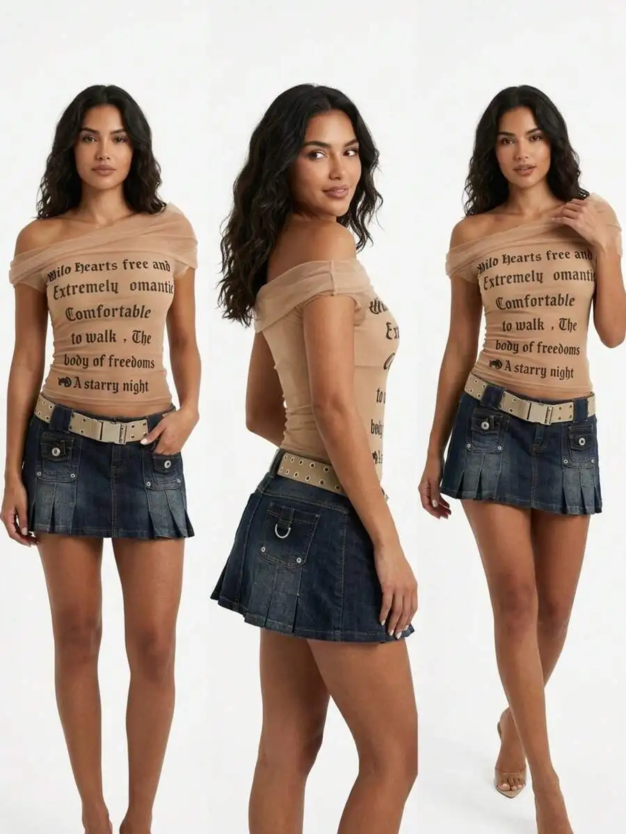 

Sheer Mesh Cold-Shoulder Top With Letter Print Sleeveless Blouse For Evening Party Night Out