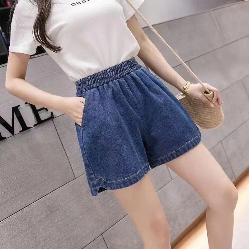 2024 New Elastic High Waist Women Summer Fashion Casual Solid Color Detachable Pockets Ruched Wide Leg Safari Style Denim Shorts