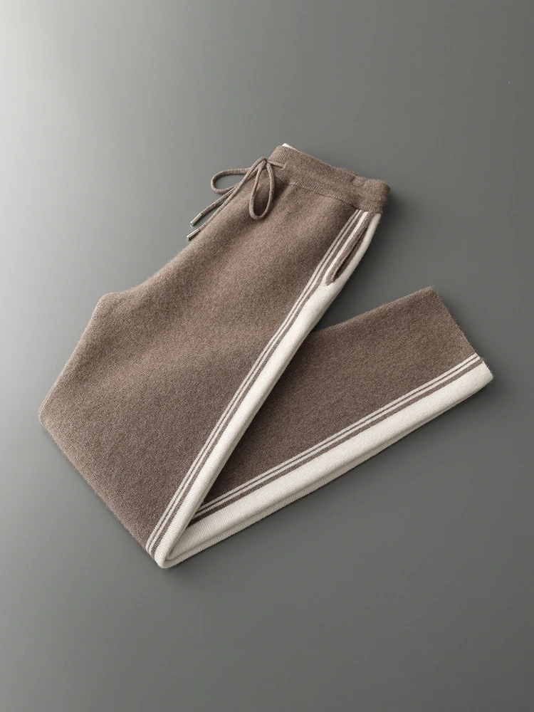 Chic High Quality Men's Autumn Winter Thick Knitted Straight Leg Pants 100% Merino Wool Casual Jacquard Contrast Color Trousers