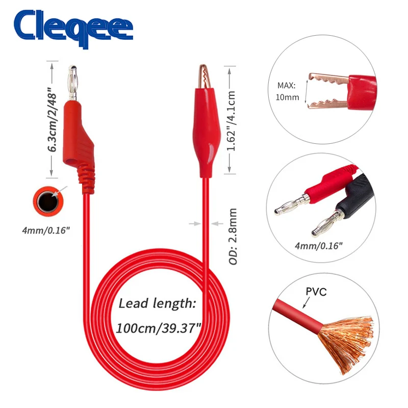 Cleqee P1044 5PCS 4mm Stackable ปลั๊กกล้วยทองแดงคลิปจระเข้ชุดทดสอบทนทานทดสอบสําหรับมัลติมิเตอร์ 1M
