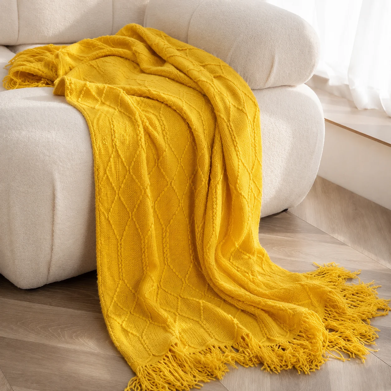 Bright Yellow Diamond Cable Textured Knit Throw Blanket with Tassel Fringe, Soft Knitted Decorative Blanket, Lightweight Cozy Cover for Couch Sofa Bed, Boho Farmhouse Home Decor for Living Room Bedroom