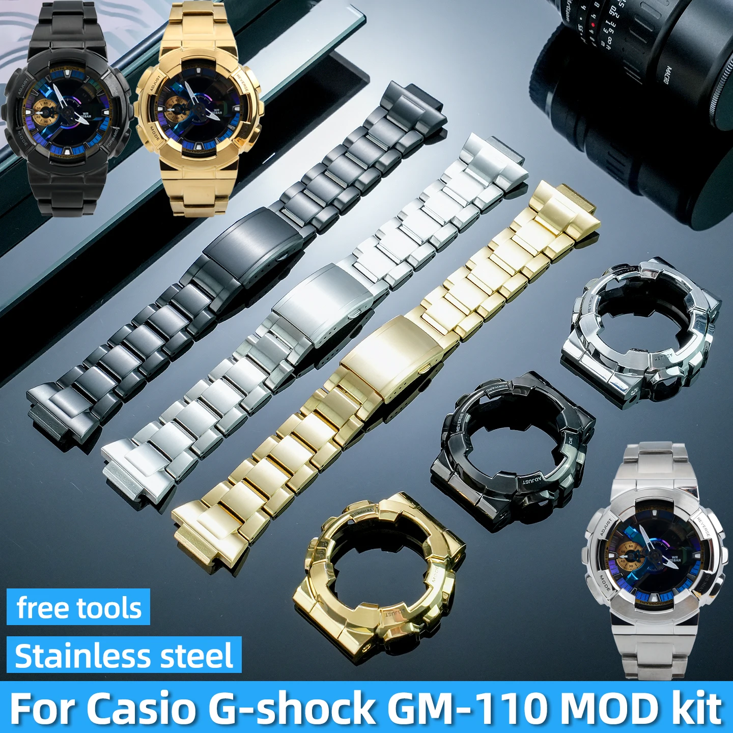 For Casio G-Shock GM-110 GM110 Watch Band Stainless Steel Metal Case Strap Silver Black Gold Color Mod Kit Watch Accessories