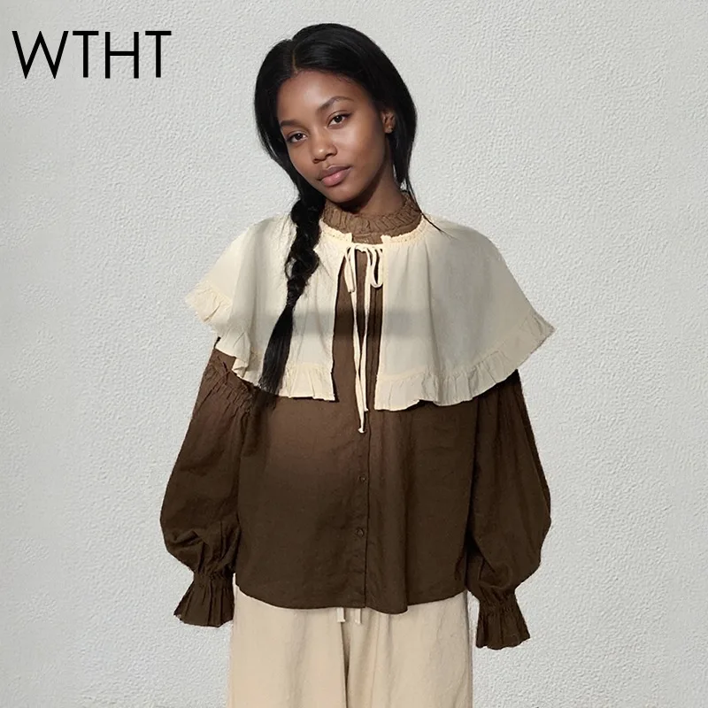 

WTHT Trendy Fashion Women's Spliced Lace Shawl Casual Shirt 2025 Summer New Turn-down Collar Long Sleeves Blouse Female 1LS2252