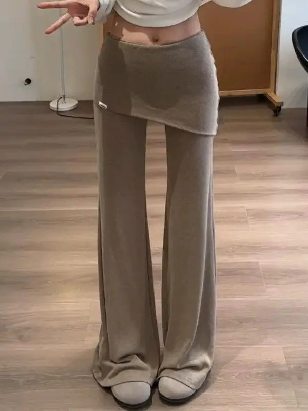 Korean Style Lazy Casual Pants Women's Autumn 2026 New Small Size Fake Two-Piece Bellowed Pants Mid-High Waist Flared Long Tr...