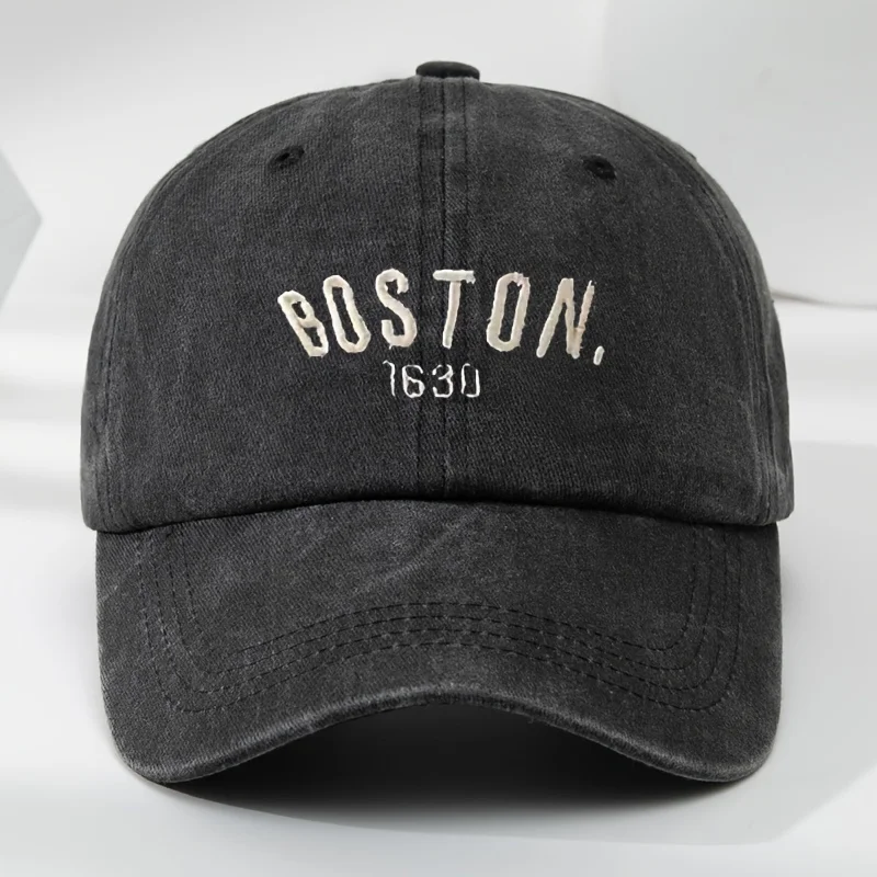 

Boston 1630 Embroidered Baseball Cap, Classic Washed Vintage Flat Cap, Adjustable Soft Top, Breathable And Sweat-Wicking Hat