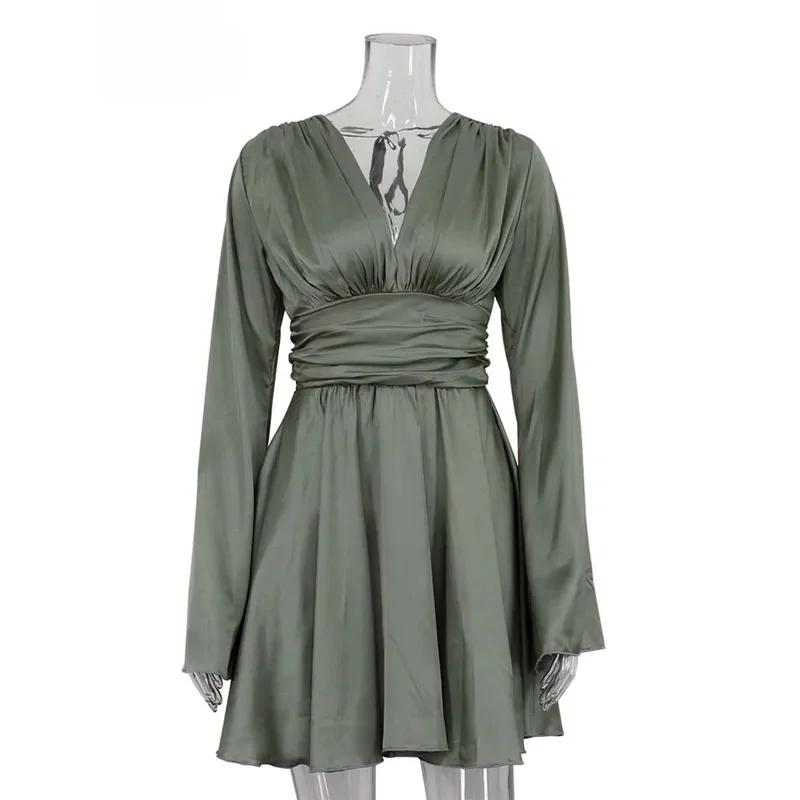 Bonny-vestido de satén verde a la moda para mujer, vestidos elegantes de manga larga con cuello en V profundo, minivestidos plisados de cintura alta para otoño