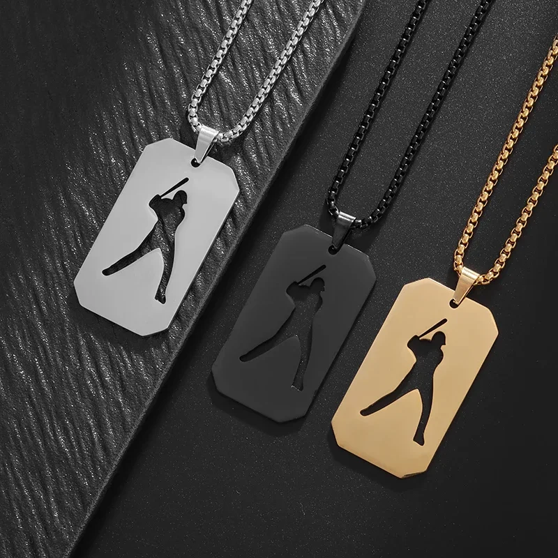 Stainless Steel Square Art Abstract Baseball Player Pendant Necklace for Men and Women Leisure Sports Activities Souvenir Gifts