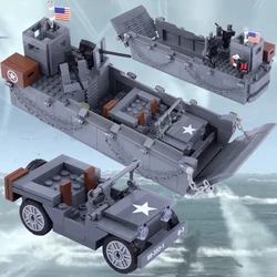 MOC WW2 Military Army US LCM3 Landing Ship Accessories Building Blocks Navy Soldier Figure Carrier Armored Car Bricks Toys Gifts