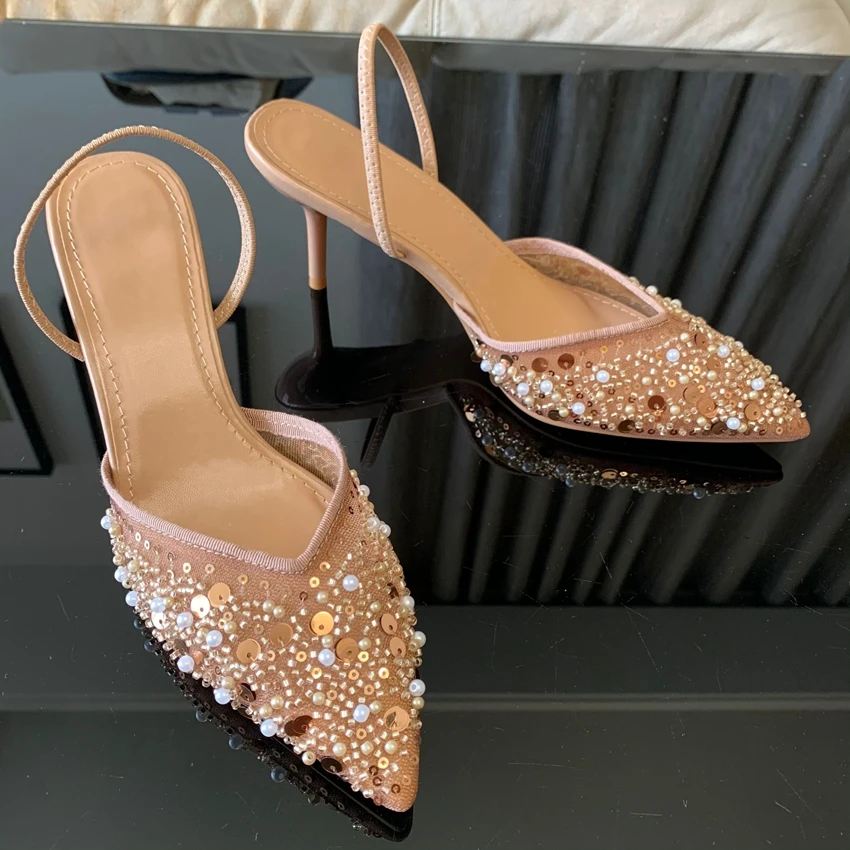 Sommer Damen Sandalen Bling String Bead Mesh High Heels Schuhe Elegante Slingback Spitz Slip auf Party Lady Pumps Schuhe