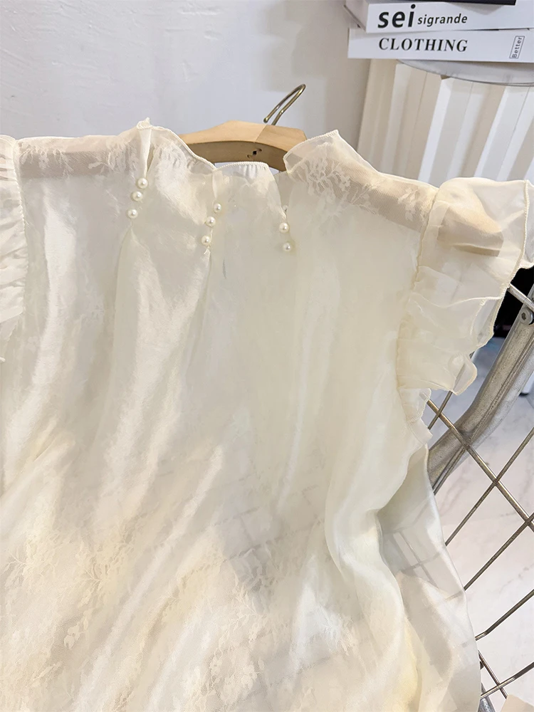 Summer French Temperament Nail Bead Stand Collar Flying Sleeve Chiffon Shirt Women\'s New Fashionable Short Sleeved Top S610