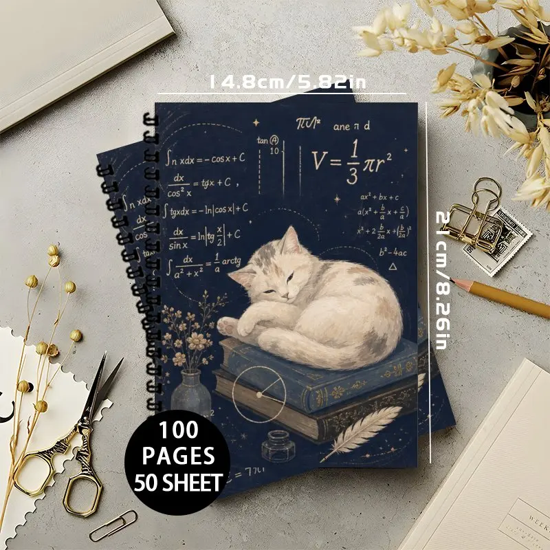 A5 Spiral Notebook, Vintage Cute Cat Math Formula Pattern Composition Notebook for Work, Meeting Notes, To Do List & Journaling