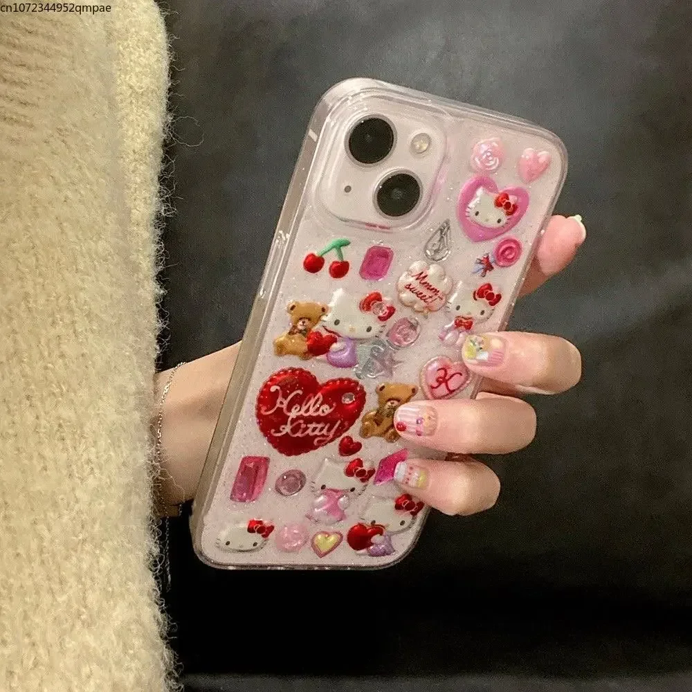 3D Sanrio Hello Kitty Sticker Glitter Phone Case for IPhone 16 11 12 13 14 15 Pro Max  Y2k Girl Anti-drop Soft Back Cover Gift image 4