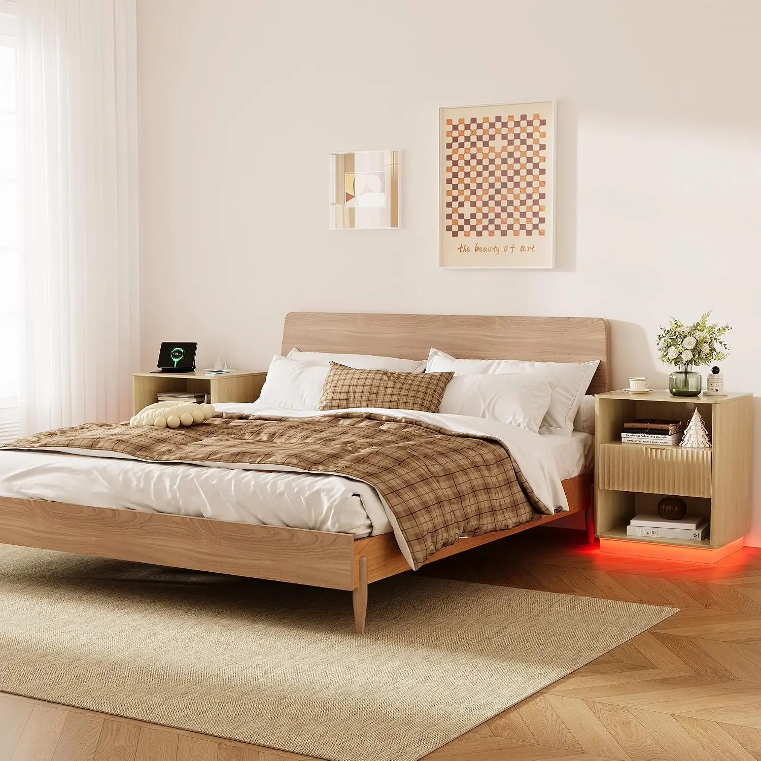 Fluted Bedside Table Set of 2 with USB Charging Station & LED Light, Customized