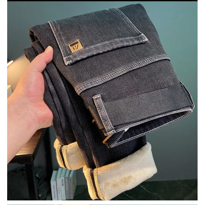 

2025 Winter Plush Thick Denim Men's Casual Simple Elastic Slim Fit Small Feet High end Fashion Warm Denim Pants