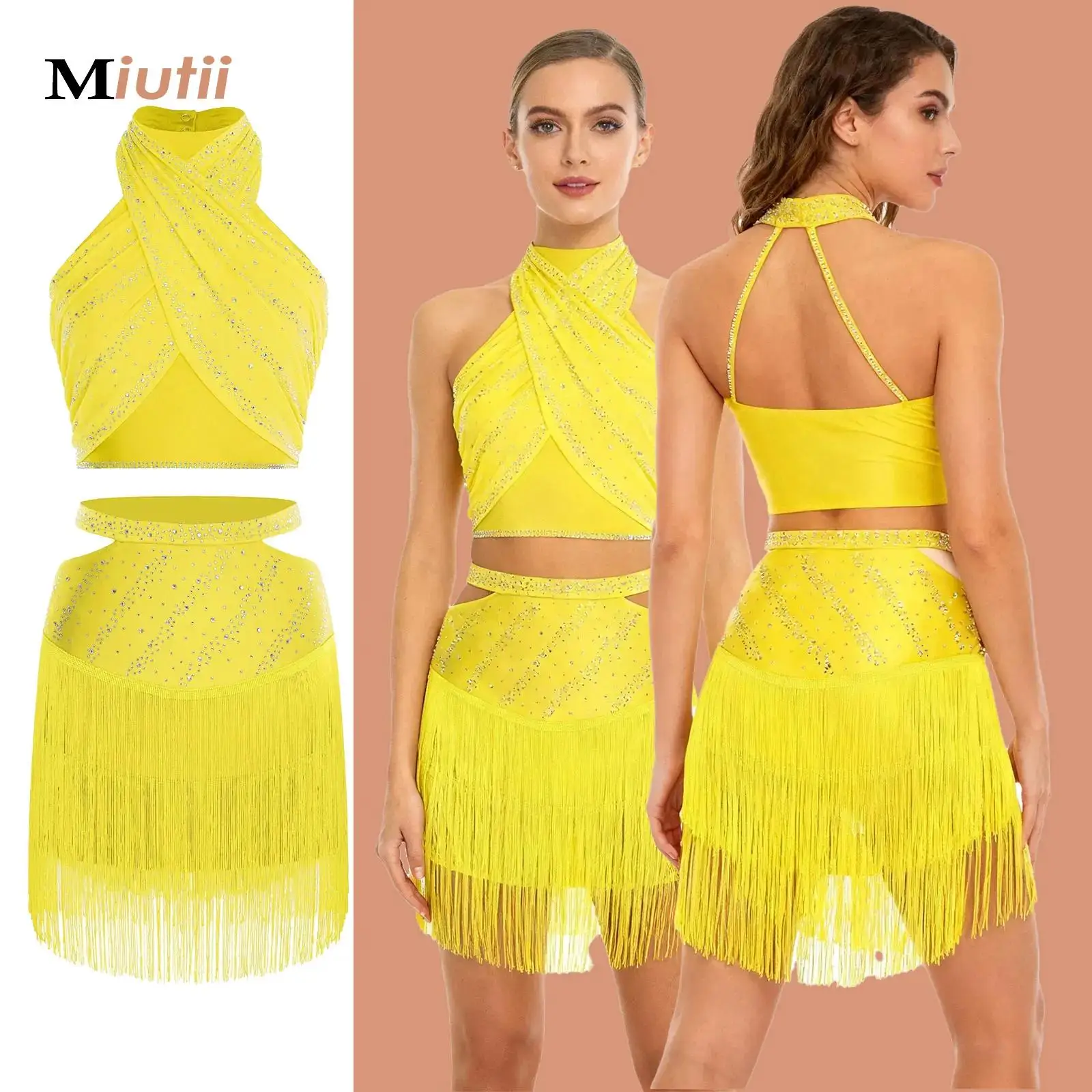 

Women Adults Latin Dance Clothes Set Shiny Crop Top with Fringed Skirted Tango Rumba Samba Performance Costume Chacha Dancewear