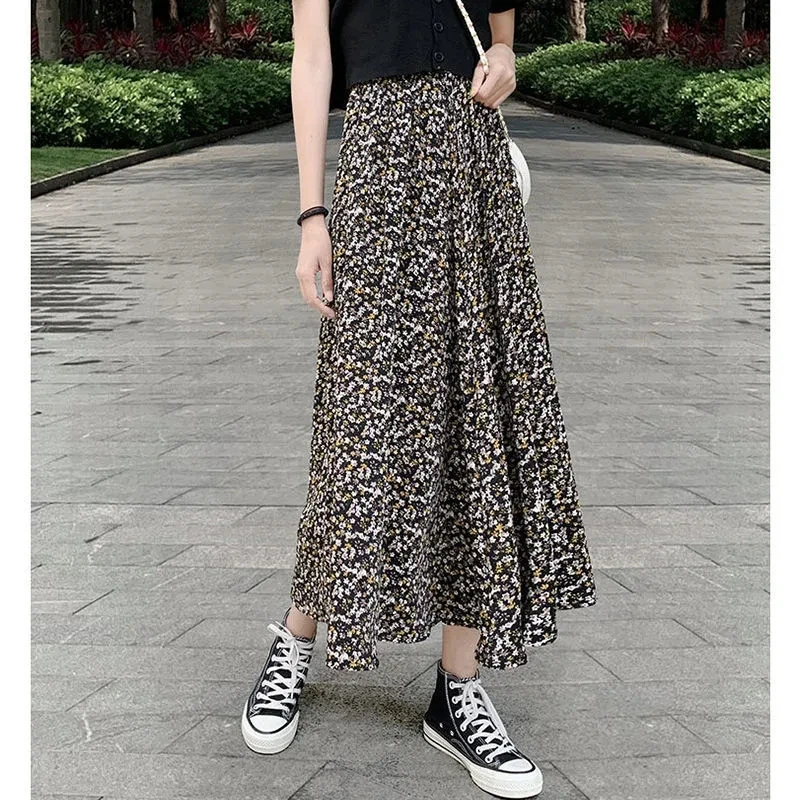 

2024 New, Casual Retro Chiffon Floral Skirt, For Women's Clothing ,Spring Summer Skirt,Elegant Slim High Waisted A-line Skirts