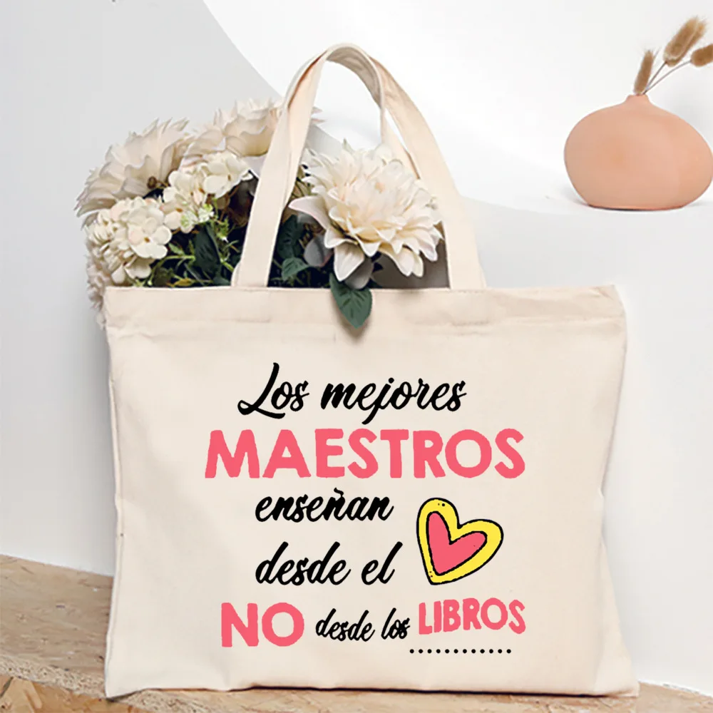 Spanish Print Women Tote Bag School Book Bags Female Canvas Shopping Bags Travel Shoulder Bag Graduation Thanks Gift for Teacher