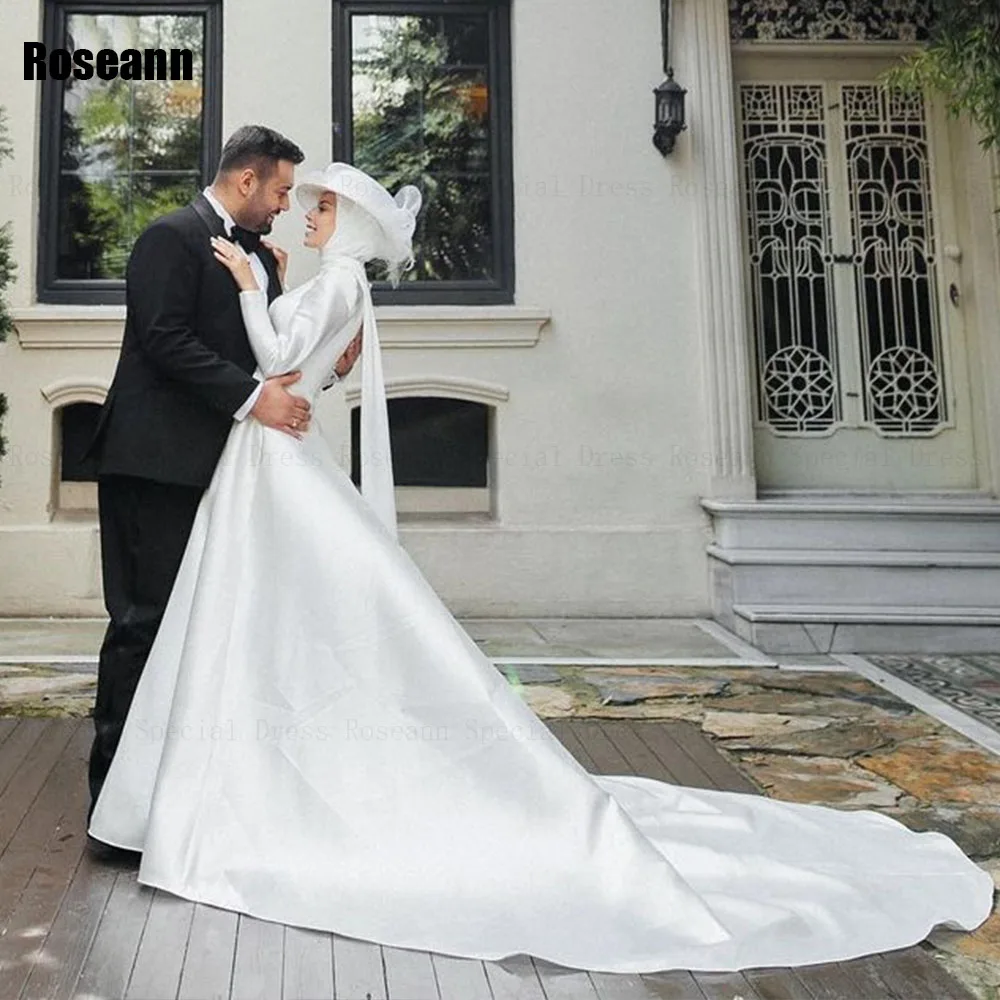 Muslim 2025 Ivory A-line Wedding Dress Customzied Full High Collar Satin Draped Pleat Floor Length Bride Dresses robe de mariée
