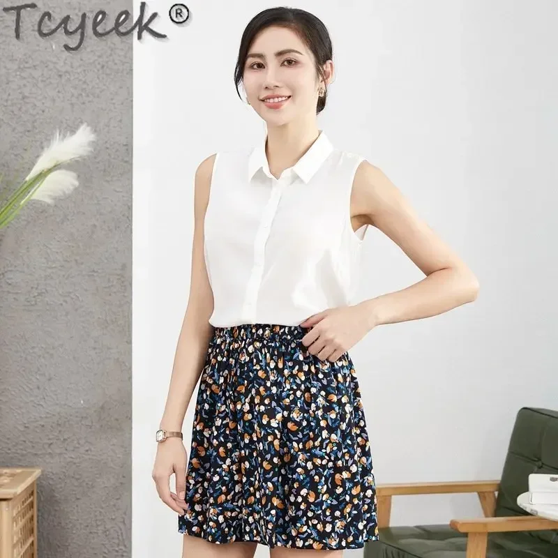 

Tcyeek 95% Mulberry Real Silk Shirts for Women Sleeveless Shirt Womens 2023 Summer New Square Neck Casual Tops Camisas De Mujer