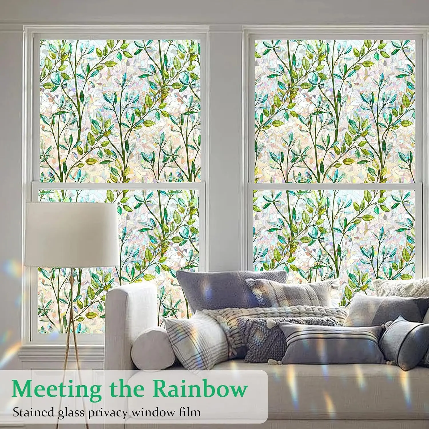 Green Floral Stained Glass Window Film Static Non-Adhesive 96% UV Block Privacy Covering Removable Glass Tint for Home Office
