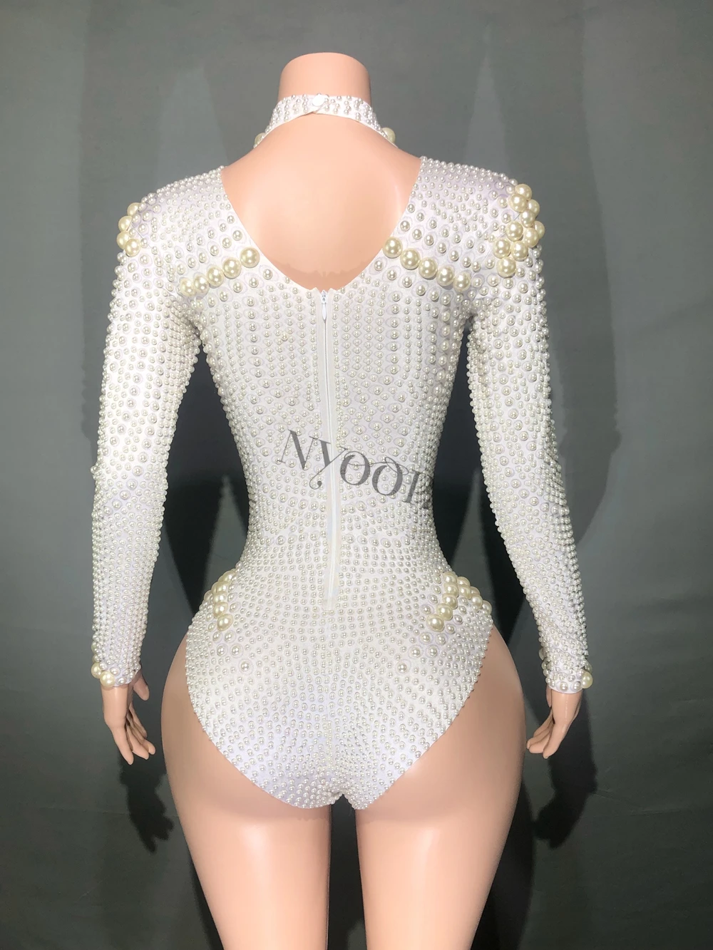 Collant sexy com pérolas brancas, bodysuit manga comprida, roupa de dança boate, cantora dançarina, desgaste do palco, traje show desempenho