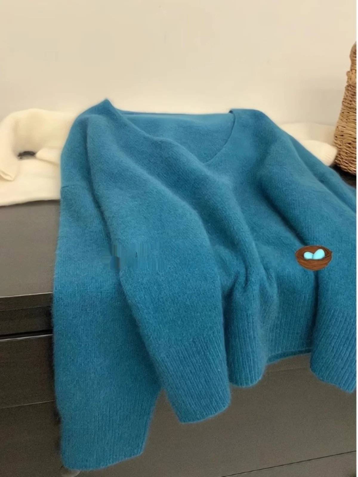 

Blue V-Ne Bear Fur Knitted Sweater Women's Loose Lazy Sle ort Coat Autumn Winter Soft Comfortable Overhead Top