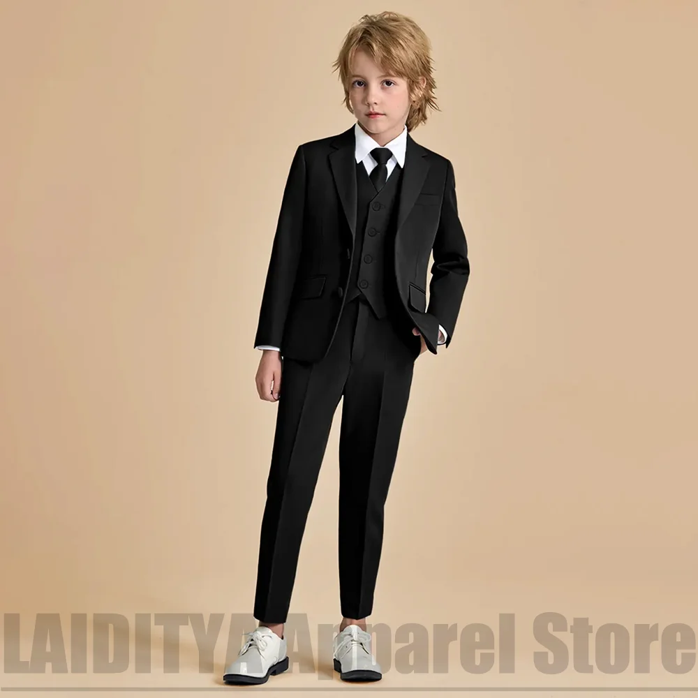 Kids Black Three Piece Suit Fashion Notch Lapel Jacket Waistcoat Trousers Boys Birthday Wedding Party Prom Piano Child Outfit