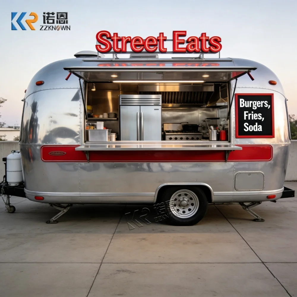 

Мобильный фудтрак для уличной торговли с рабочей станцией из нержавеющей стали, 4-колесная прицепная тележка для закусок, кейтеринг-трейлер