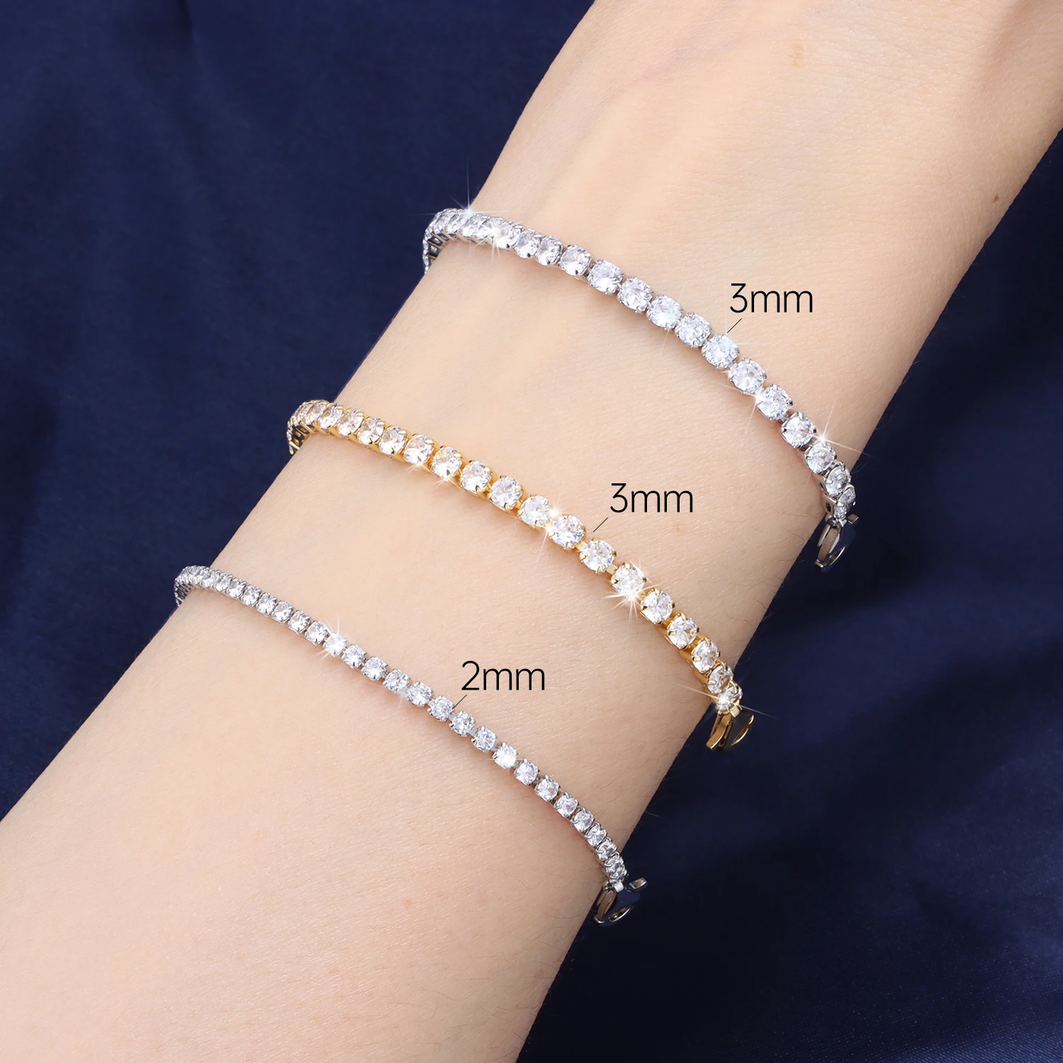 MISEFF S925 Sterling Silver Bracelet Chain 2mm & 3mm Zircon Tennis Chain Bracelet Versatile Adjustable Chain Charms Jewelry Gift view 3