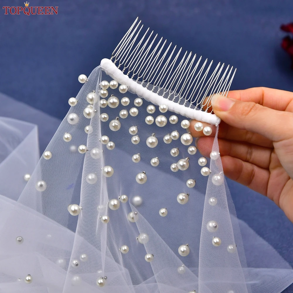 TOPQUEEN Pearls Bridal Veils with Comb Wedding Veil 1 Tier 3 Meter Luxury Long Wedding Veil Bridal Hair Accessories Wedding V180