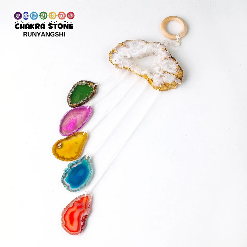 Natural Crystal Stones Agate Cave Wind Chime Suncatcher Hanging Chimes Ornaments Rainbow Decor for Window Home Garden Decoration