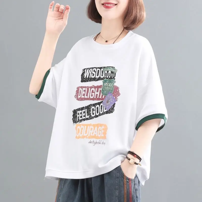 Female Korean Casual Letter Printed Round Neck T-shirt Summer Loose All-match Contrast Color Half Sleeve Tops Womens Clothing