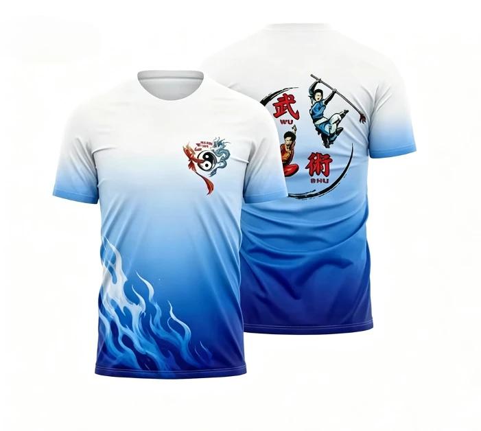 Blue and white gradient Chinese Kung Fu printed round neck T-shirt neutral casual sports breathable quick drying top family wear