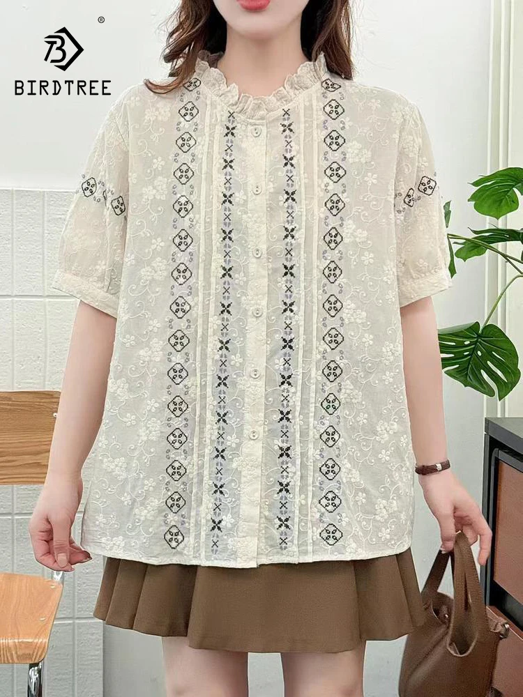 

Новая летняя женская хлопковая рубашка с коротким рукавом 2026 года, с вышивкой и оборками, в стиле Mori Girl, французская повседневная тонкая свободная блузка T64153CC