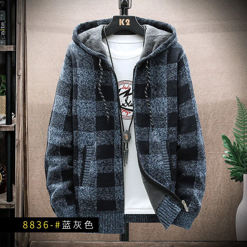 Men\'s Fashion Autumn Winter Plaid Sweater Hooded Cold Coat Men Casual High Quality Zipper Fleece Warm Top Knitted Jacket Coat