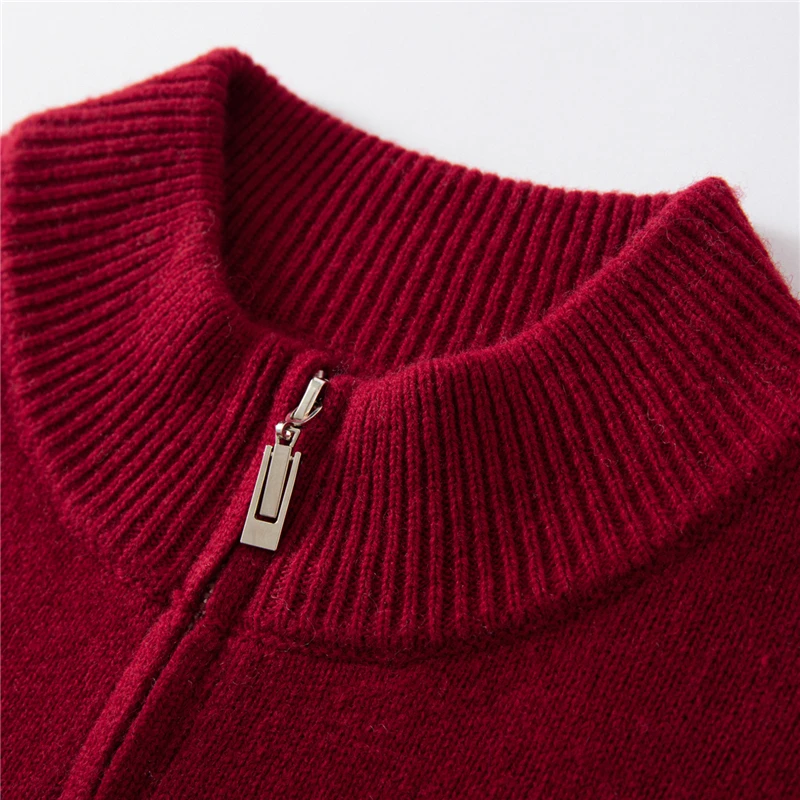 Autumn Winter Men's Zipper Cardigan 100% Merino Wool Sweater Thick Mock Neck Long Sleeve Cashmere Coat Korean Casual Clothing