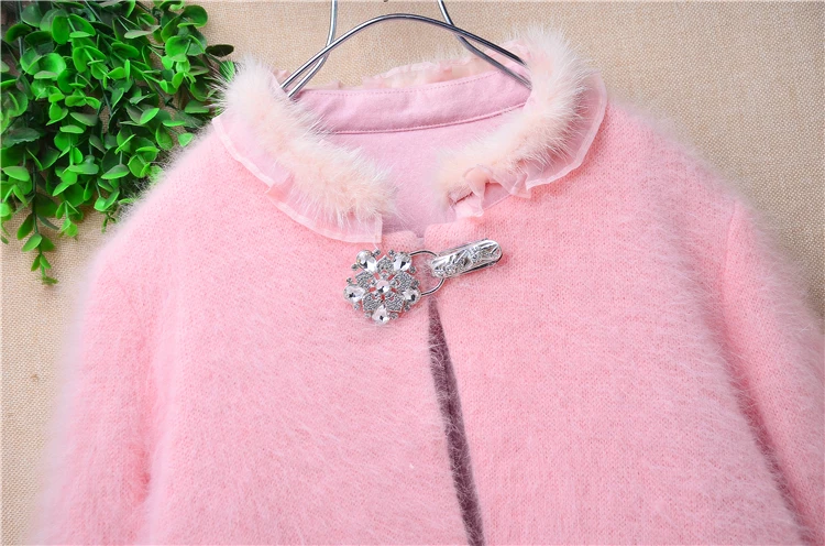 Ladies Women Fall Winter Fashion Pink Lace Hairy Angora Rabbit Hair Knitted Half Sleeves Slim Cardigans Sweater Jacket Dress