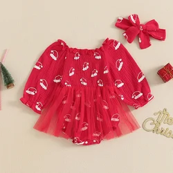 Baby Girls Rompers Dress Infant Christmas Santa Hat Print Mesh Skirt Hem Toddler Jumpsuit with Headband Newborn Clothes