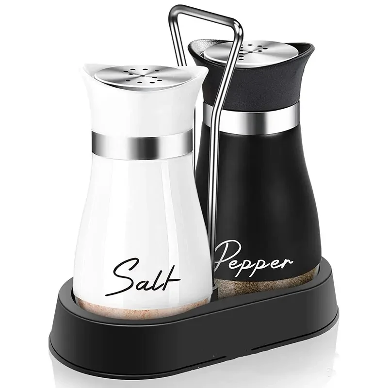 

2Pcs Kitchen Glass Spice Bottle Adjustable Refillable Salt and Pepper Shakers Set with Shelf Spice Dispenser With Pour Holes