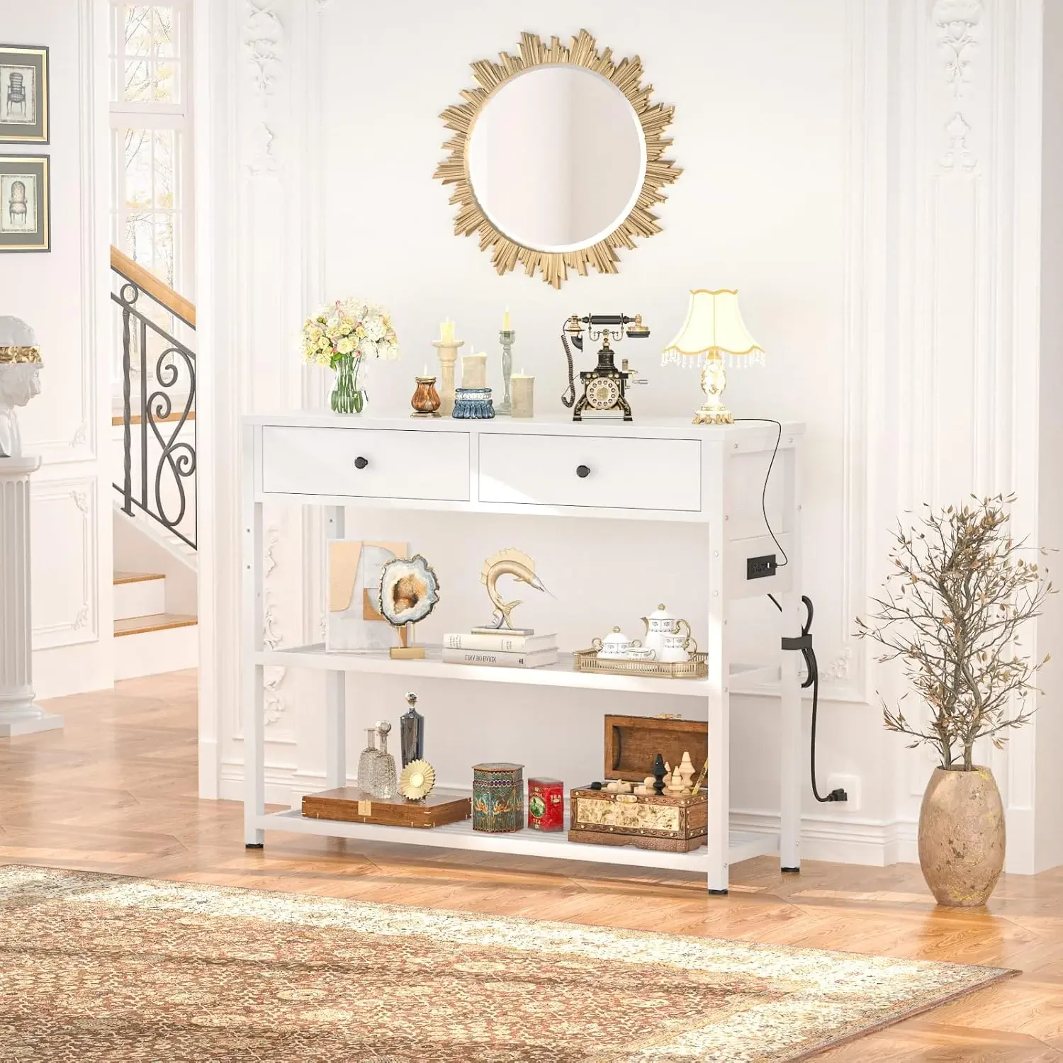 

Entryway Table with Outlets and USB Ports, Console Table with 2 Drawers, Small Sofa Table with Storage Shelves , 32'', White