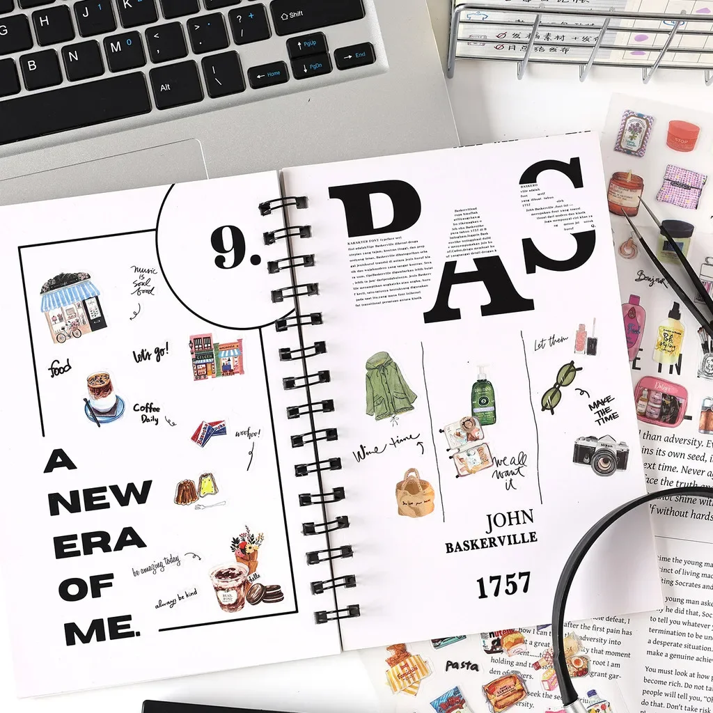 Confezione da 6 fogli di adesivi per album vintage Confezione di adesivi per collage di diario in PET per adesivi per diario Adesivi per abbellimento di scrapbooking